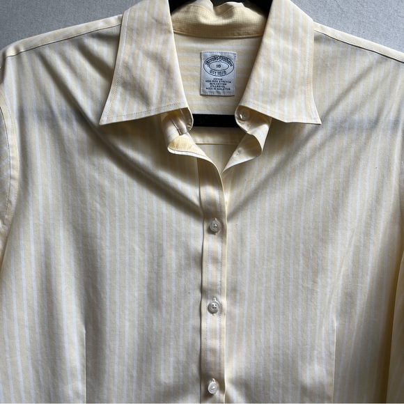 Brooks Brothers Cotton 3/4 cuffed sleeve yellow white stripe Sz 10 - Picture 2 of 9